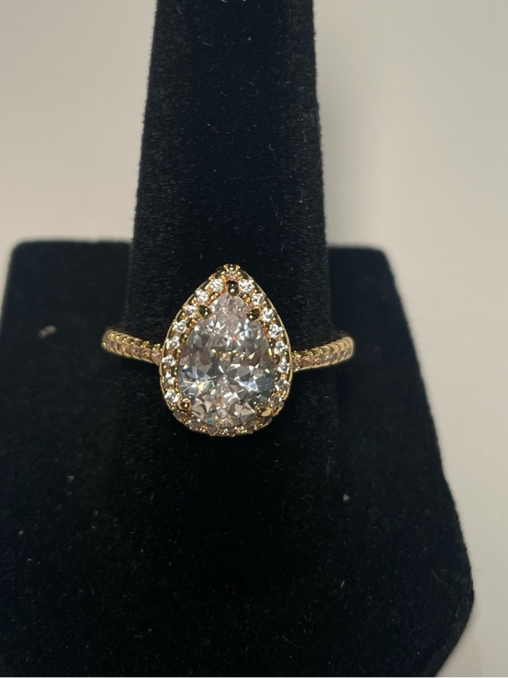 Gold Pear-Cut Halo Engagement Ring with Clear Stone size 7